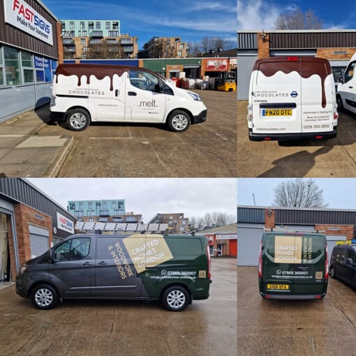 Image collage of a white and grey van for different companies with vehicle graphics and wraps